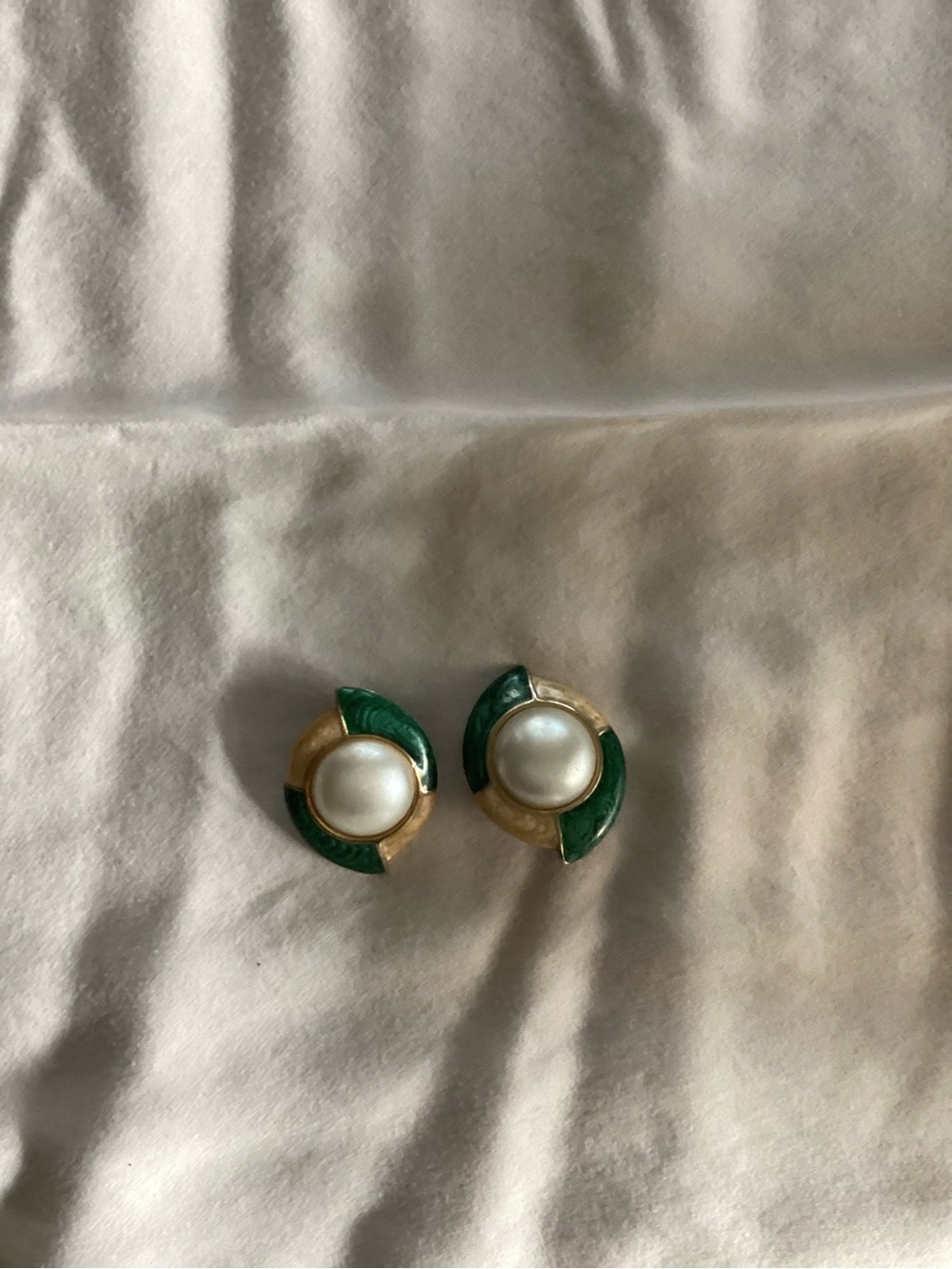 Gold & Green Pearl-Accent Clip Earrings
